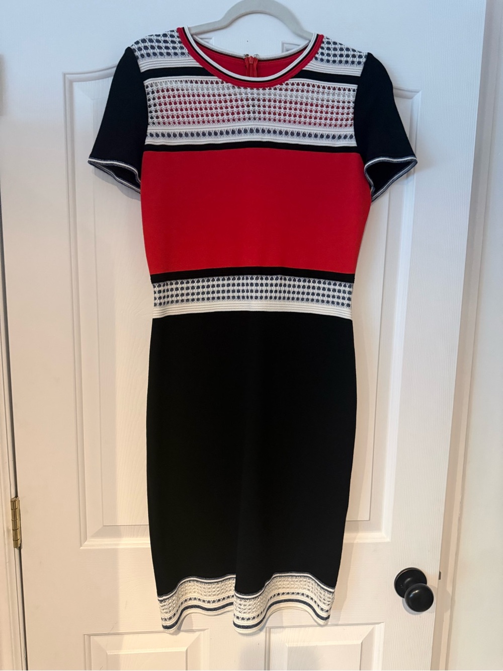 St. John Red, Black & White Short Sleeve Knit Sheath Dress